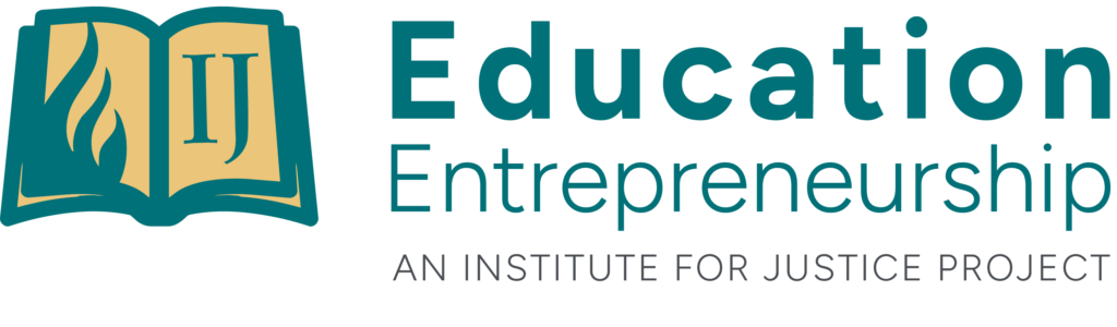 IJ Educational Entrepreneurship logo, an Institute for Justice initiative, with open book icon
